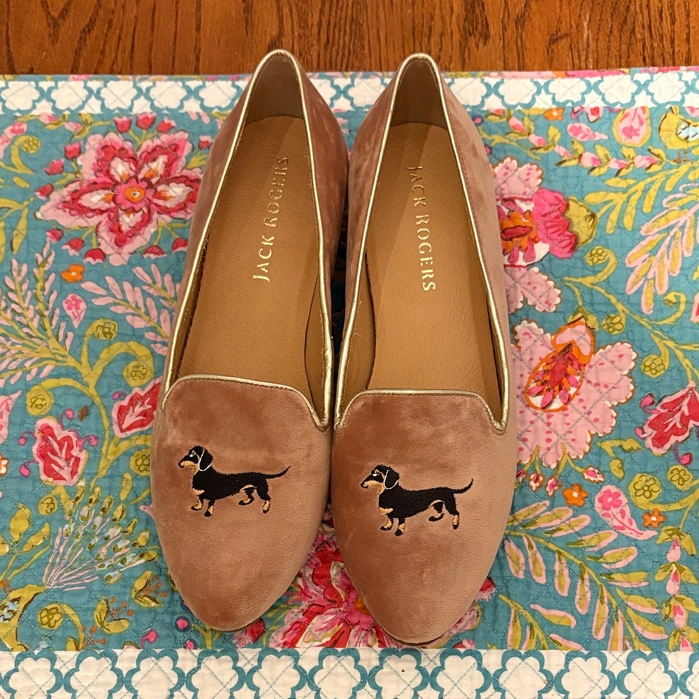Jack Rogers mauve Velvet Loafers with Dachshund Design